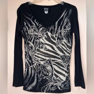 Long sleeve black beaded graphic tee.